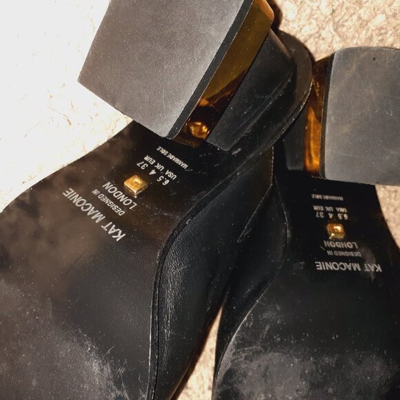 KAT MACONIE-JILLY-Black Leather Mules-Gold Heel-Peep-Toe-Sz 37-6.5 US-Excellent - Picture 8 of 8
